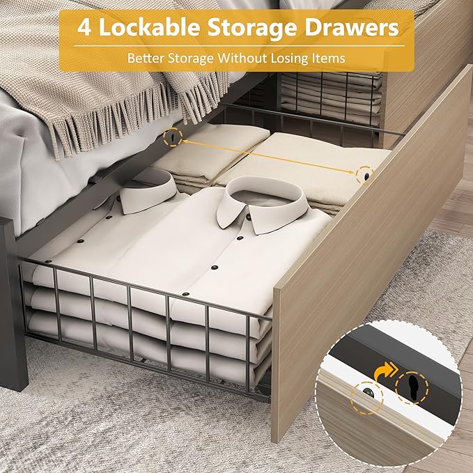 Lifezone Queen Bed Frame with 2-Tier Storage Headboard, Metal Platform Bed Frame with 4 Storage Drawers, Built in Charging Station & LED, Noise-Free/Metal Support/No Box Spring Needed, Beige