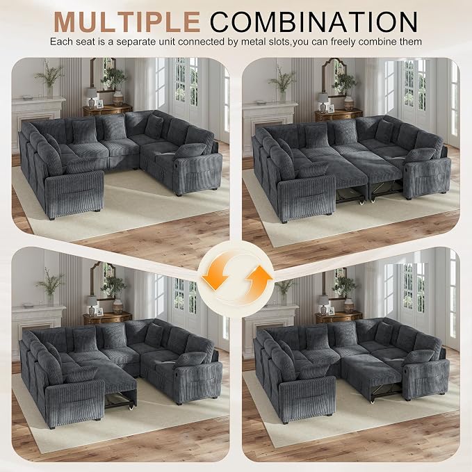 Hanherry Sectional Sofa with Pull Out Couch Bed,8 Seat Corduroy Sleeper Sofa with 2 Seat Storage & USB Charging,Comfy Modular Couches for Living Room,Apartment