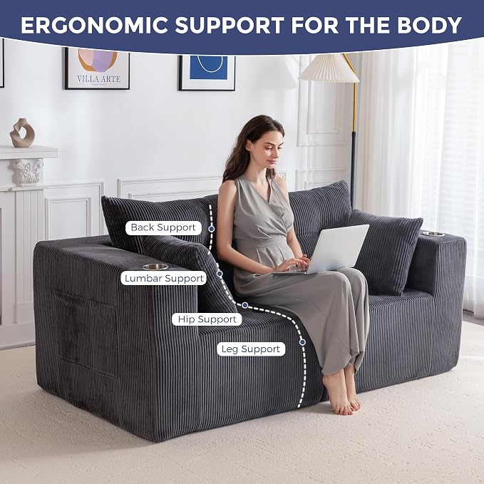 MAXYOYO Modular Sectional Sofa Couch, Loveseat Boneless Cloud Couch for Living Room, Sofa in A Box, Tufted Upholstered Cozy Chair with Cup Holders, No Assembly Required, Grey