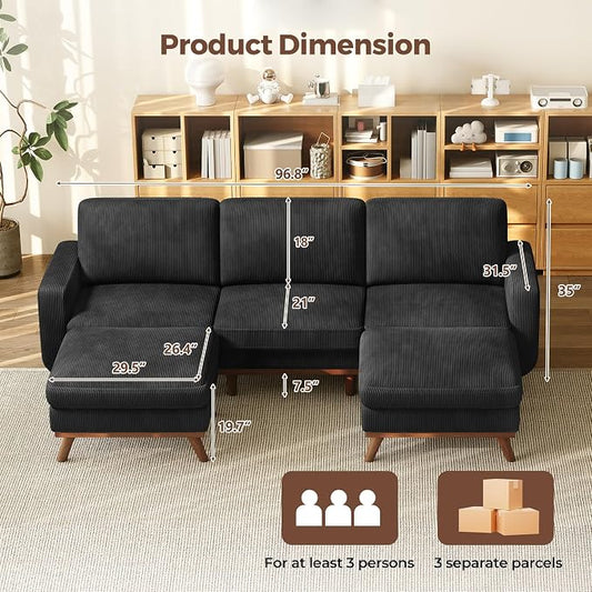 Convertible U-Shaped Corduroy Sectional Sofa, 3-Seater Couch with 2 Ottomans, FSC Solid Wood Frame, Spring Cushions, Black