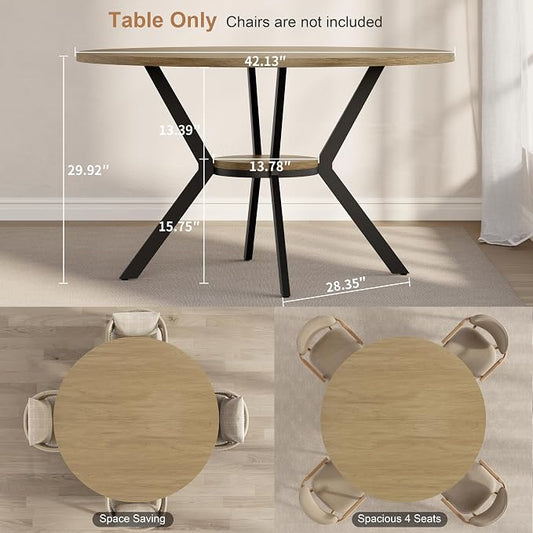 MECHYIN 42'' Round Dining Table for 2–4, Farmhouse Round Kitchen Table with Storage Shelf, Pedestal Dinner Table, Wood Top & Metal Base, Small Space Table for Apartment, Dining Room, Light Oak