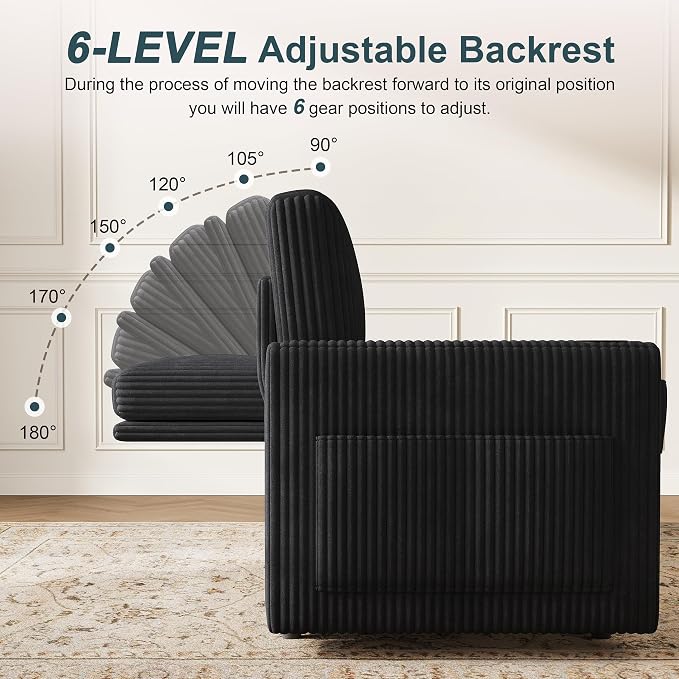 Sectional Sleeper Sofa with Pull Out Bed, Plush Corduroy Sectional Sofa with Storage Chaise and Adjustable Backrest, Cloud Sectional Couches for Living Room, Apartment, Black