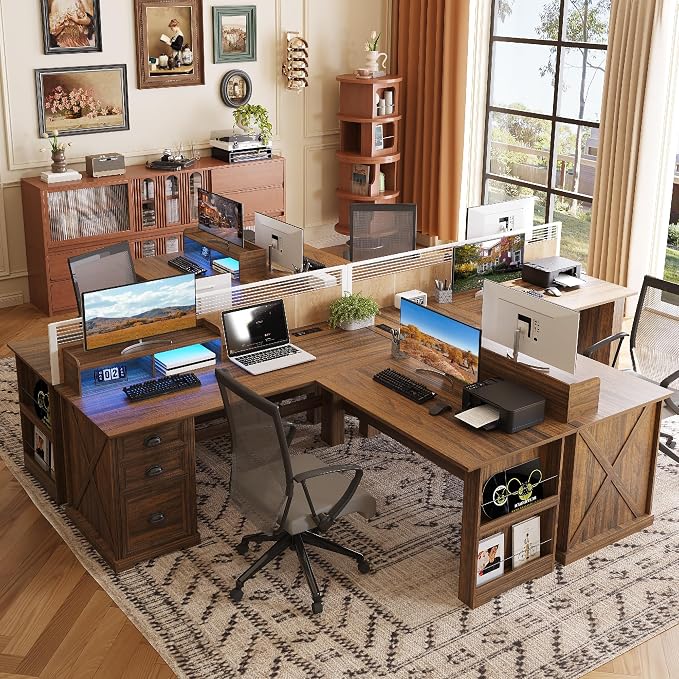 Lareth L Shaped Desk with Monitor Stand Farmhouse Computer Desk with LED Lights, Executive L Corner Desk with Power Outlets, Home Office Desk with Storage File Drawers for Home Working Gaming, Walnut