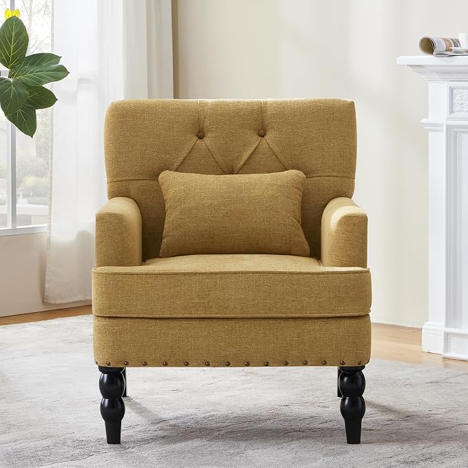 HUIMO Accent Chair for Living Room, Tufted Upholstered Club Chair with Lumbar Pillow, Vintage Reading Armchair with Solid Wood Legs for Bedroom Apartment, Mustard Yellow