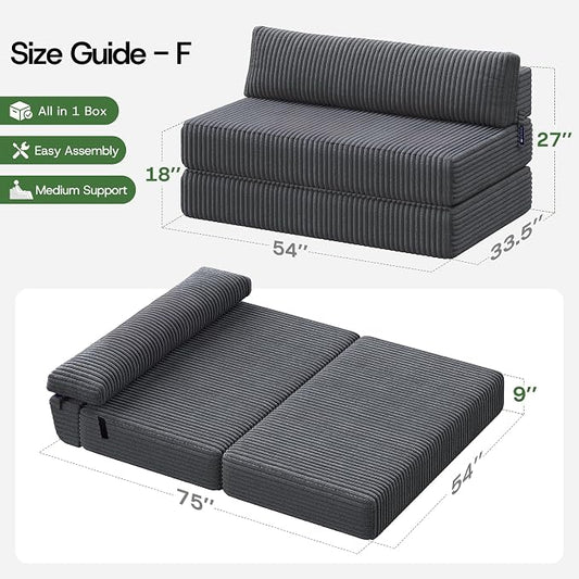 Convertible 4-in-1 Folding Sofa Bed 54" Loveseat Boneless Sleeper Couch Foldable Chaise Lounger & Mattress Pocket Coils+Foam Medium Support, Portable No Assembly for Living Room/Bedroom, Full