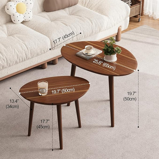 Small Oval Coffee Tables Set,Acacia Wood Nesting Tables(25.6"x17.7"+17.7"x13.4" for Living Room Small Spaces Office,Easy Assembly Wooden Minimalist Walnut Mid Century Modern Coffee Table