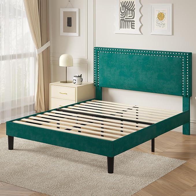 VECELO Queen Size Platform Bed Frame with Height Adjustable Upholstered Headboard, Modern Mattress Foundation,Strong Wood Slat Support, No Box Spring Needed, Easy Assembly,Dark Green