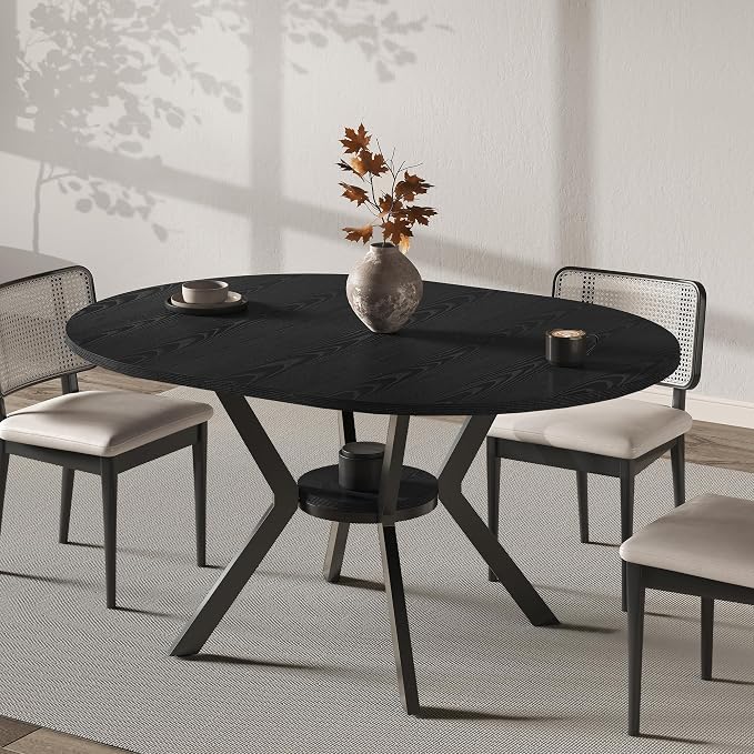 42"-58" Extendable Round Dining Table with Built-in Flip Leaf, Modern Oval Kitchen Table for 4-6, Space-Saving Small Room Furniture with Storage Shelf and X-Shaped Metal Base for Kitchen, Dining Room