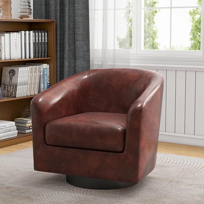 PU Leather Swivel Barrel Accent Chair, Upholstered Armchair Club Chair for Living Room, Round Arm Chair Bedroom Single Sofa Reading Seat - Red Brown