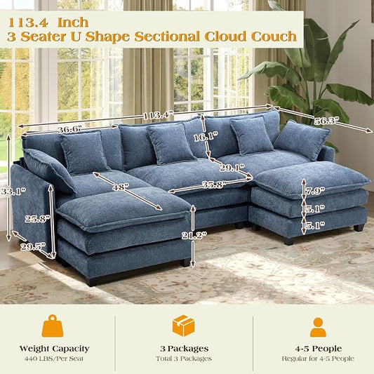 113.4" Modular Sectional Sofa,Cloud Couch for Living Room, Modern Deep Seat Sofa 3 Seater Chenille Fabric Comfy Couches with Throw Pillows & Ottoman for Apartment