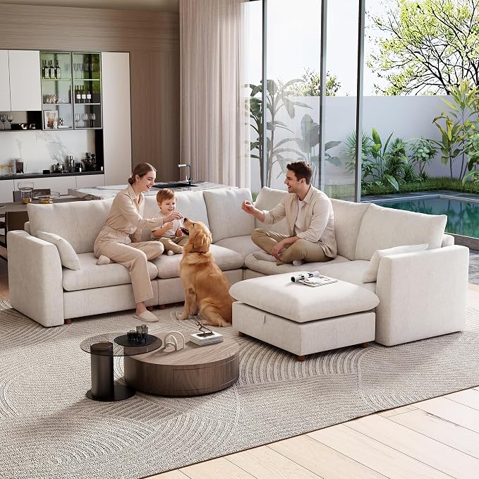 Ihanherry 111" Oversized Modular Sectional Sofa, Modern V Shaped Cloud Couch with Storage Ottoman, 6-Seat Comfy Chenille Deep Seat Sofa with 2 Pillows for Living Room, Beige
