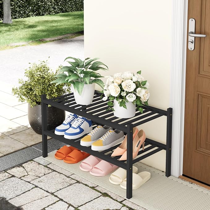 Smiry Bamboo Shoe Rack, 2 Tier Free Standing Wooden Shoe Organizer, Stackable Wood Shoe Storage Shelf for Closet, Entryway, 14 Vertical Slats, One-piece Heavy-Duty Legs, 26.8"x11"x13", Brown