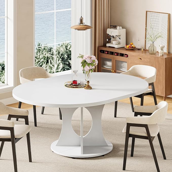 iPormis 43.3-59 Inch Extendable Round Dining Table for 6-8 People, Oval Dinner Table with Adjustable Top and A Stable Round Pedestal Base, Space Saving Wooden Kitchen and Dining Table, White