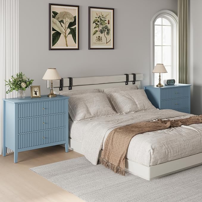 RoyalCraft 32" Large Nightstand Set of 2, Fluted Painted Bedside Table with 3 Spacious Drawers, Modern Tall End Table for Bedroom, Light Blue