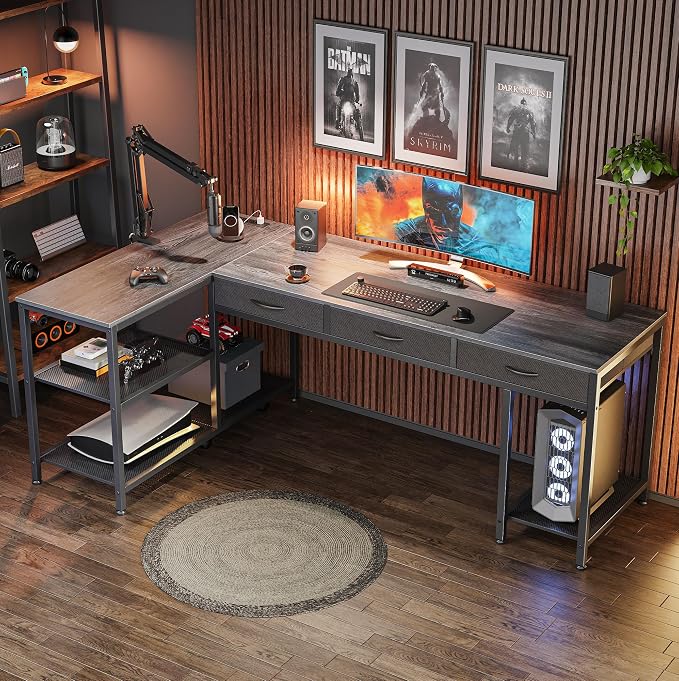 PRAISUN 63 Inch L Shaped Office Desk with Power Outlets and Type-C Port, Large Computer Gaming Desk with 3 Fabric Drawers, Mesh Shelves, Corner Study Work Writing Desk, Grey
