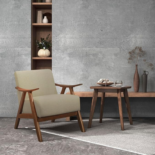 Lexicon Mid Century Modern Accent Chair with Solid Wood Frame in Walnut Finish, Upholstered Living Room Lounge Arm Chair, Thick and Comfy Innerspring Seat Cushion, Linen-Look Fabric, Light Brown