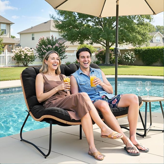 Crestlive Products Outdoor Loveseat 3PCS, Outdoor Sofa Set, All-Weather Boho Rattan Patio Furniture with Soft Cushion for Deck, Balcony, Poolside, Backyard (Without Table)