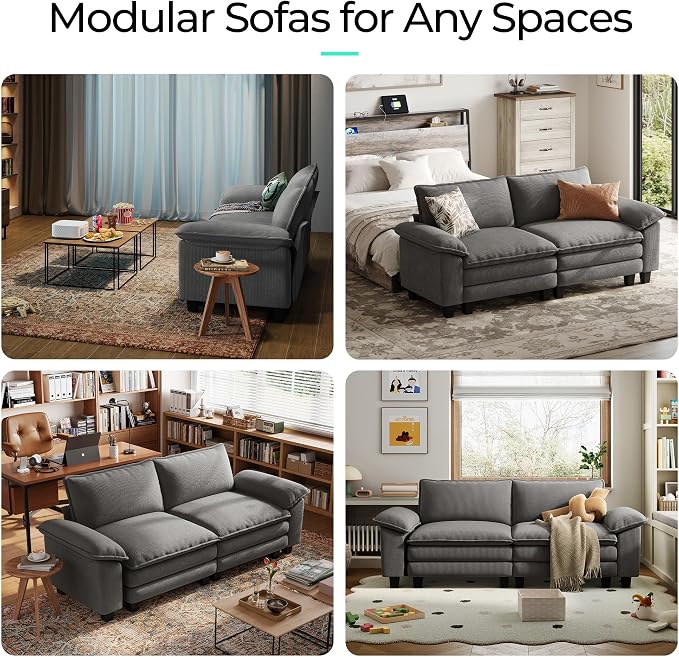 LINSY HOME 90" Modular Cloud Love Seat Sofa, Corduroy Soft Sectional Couch, Modern Comfy Love Seat, Perfect for Living Room, Apartment, Office, Grey