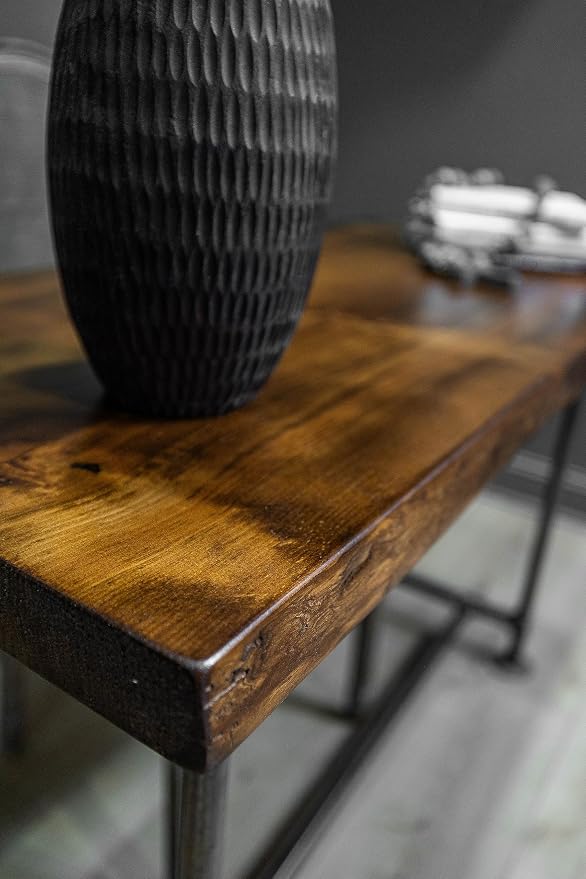 Industrial Pipe Desk Live Edge Top Vintage Table (Honey Pine) — Rustic Live Edge Slab Desk with Steampunk Pipe Legs