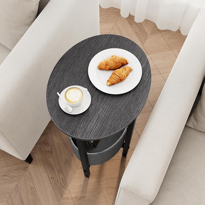 Vagusicc Round Side Table End Table with Storage Basket, Small Side Table Round Nightstand for Small Spaces, Tall Oval End Table with Steel Frame, Coffee Bedside Table for Living Room, Gray Walnut