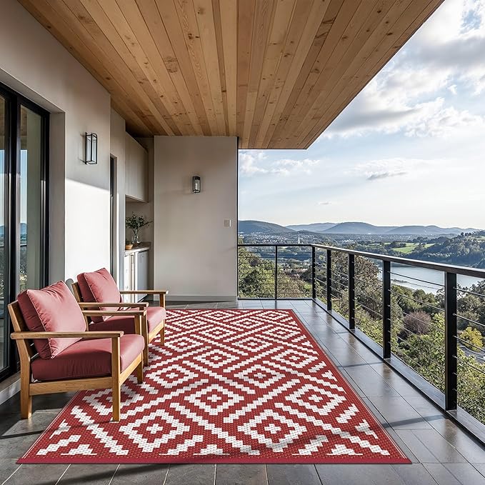 GENIMO Outdoor Rug for Patio Clearance, 6'x9' Reversible Plastic Straw Rugs, Lightweight Waterproof RV Camping Mat for Camper, Balcony, Deck, Backyard, Picnic, Red White