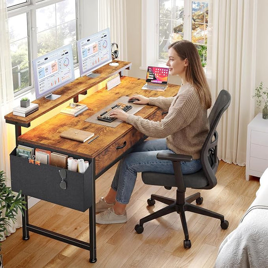 DurayLoly 47.3Inch Office Computer Desk with LED Lights & 2 Fabric Drawers, Gaming Desk with Side Pocket & Ergonomic Monitor Stand, Small Space Study Writing Table with Anti-Tip Design, Rustic Brown