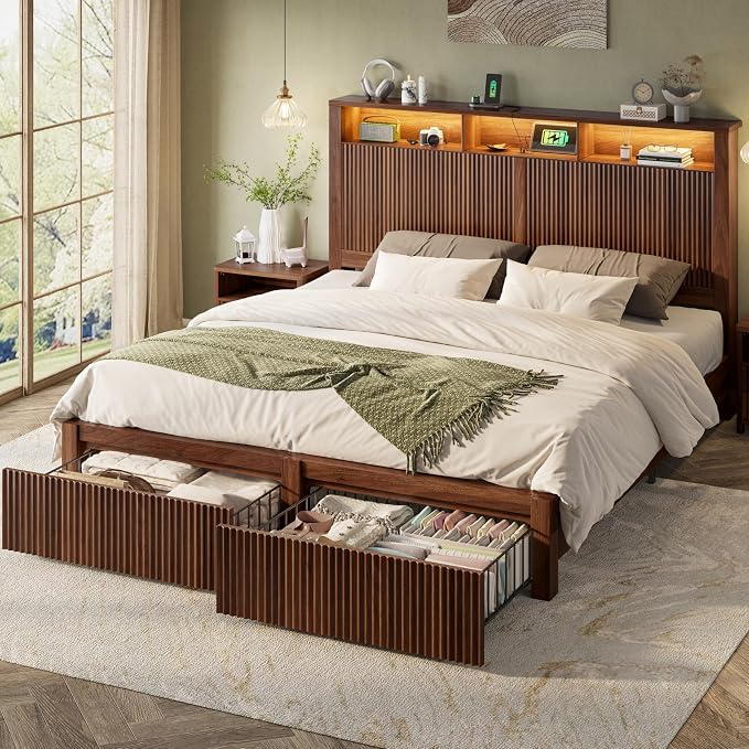 CypBed King Size Bed Frame and Headboard& 2 Storage Drawers, King Bed Frame with LED Light and Charging Port, Farmhouse Wavy Design, Wood & Metal Platform, Noise-Free, No Box Spring Needed, Walnut