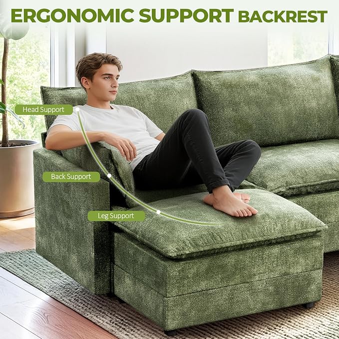 LEVELEVE 112.5" U-Shape Modular Sofa with 2 Ottomans, Deep Seat Cloud Convertible Sleeper, 2 Arm Pillows, Comfortable Upholstered Furniture for Living Room Apartment, Green