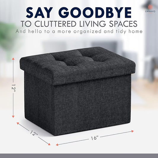 Ornavo Home Small Storage Ottoman Foldable Collapsible Rectangle Linen Ottoman Foot Rest Stool Seat, for Living Room, Bedroom, Home Office, Dorm - 12 x 16 x 12, Black