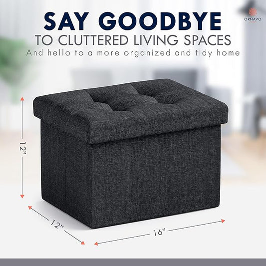 Ornavo Home Small Storage Ottoman, Set of 2, Foldable Collapsible Rectangle Linen Ottoman Foot Rest Stool Seat, for Living Room, Bedroom, Home Office, Dorm - 12 x 16 x 12, Black