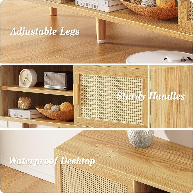 SUPERJARE 70.9 Inch Boho TV Stand for 75 Inch TV, Entertainment Center with Adjustable Shelf, Rattan TV Console with 2 Cabinets, Media Console, Solid Wood Feet, 4 Cord Holes, for Living Room, Natural