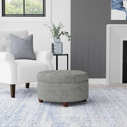 HomePop 25" Button Tufted Round Storage Ottoman - Gray Woven