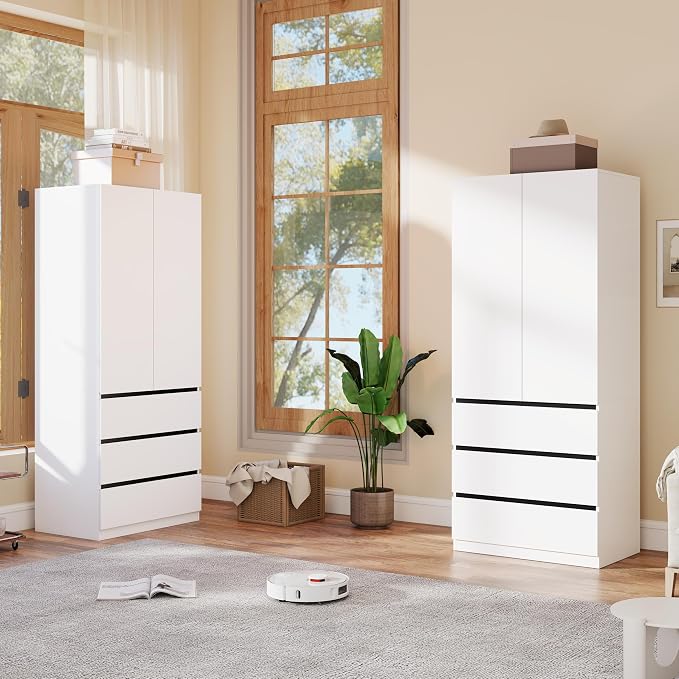 Armoire Wardrobe Closet with Drawers:75" Large White Wardrobe Closet Cabinet with 4 Doors for Hanging Clothes, Modern Wooden Bedroom Armoires with 6 Drawers and Storage (B+B, 63")