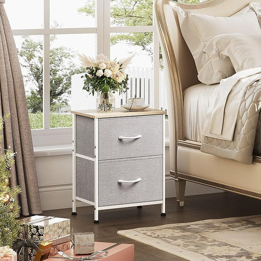 WLIVE Night Stand, Gray Nightstand with 2 Fabric Drawers, Small Dresser for Bedroom, Closet, College Dorm, End Table Side Furniture, Wood Top, Light Grey