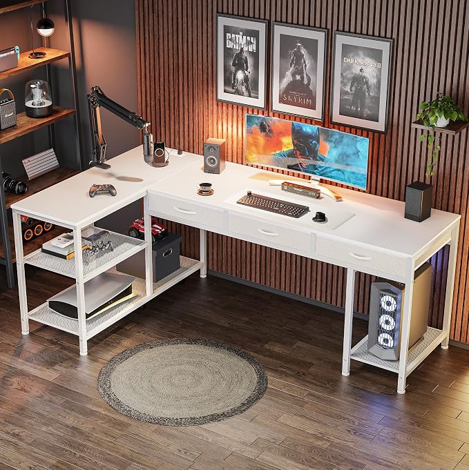 PRAISUN 63 Inch L Shaped Office Desk with Power Outlets and Type-C Port, Large Computer Gaming Desk with 3 Fabric Drawers, Mesh Shelves, Corner Study Work Writing Desk, White