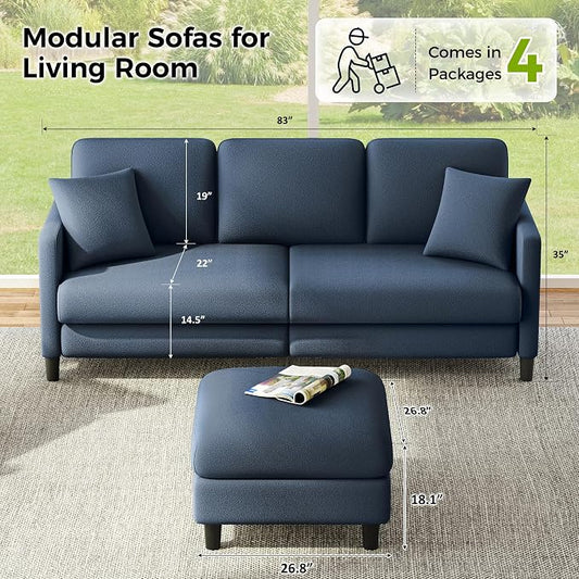 Welzona 83" Couches for Living Room, Teddy Sofa Couch with Storage Ottomans, U Shaped Couch with Movable Ottomans, Tool-Free Modular Sectional Sofa, All-Wood Sofas for Living Room 2 Pillows, Blue Grey