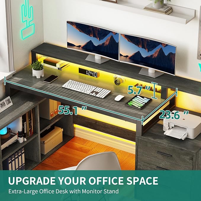 YITAHOME L Shaped Desk with 3 Drawers, 65" Corner Computer Desk with Power Outlets & LED Lights, L-Shaped Desk with File Cabinet & Printer Stand for Home Office, Grey