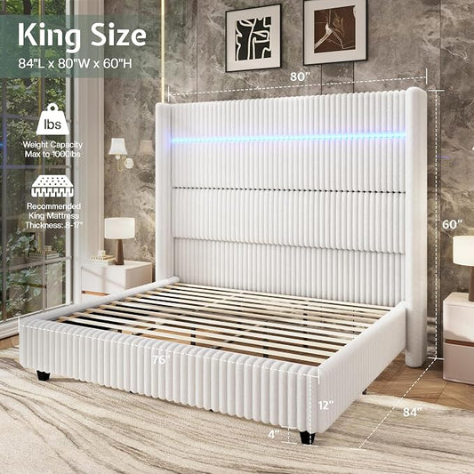 Jocisland King Bed Frame Faux-Fur Upholstered 60" Tall Headboard, White | Wingback Headboard, LED lights, USB Charging, Noise-free, No box spring needed, easy assembly, for Master Bedroom
