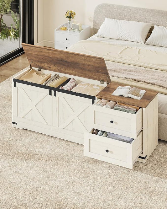 Hzuaneri Storage Chest, 58" Extra Large Storage Bench with Double Drawers, Farmhouse Style Wooden Chest Bench with Barn Door, Large Trunk for Living Room, Bedroom, or Entryway, Antique White SB15114X