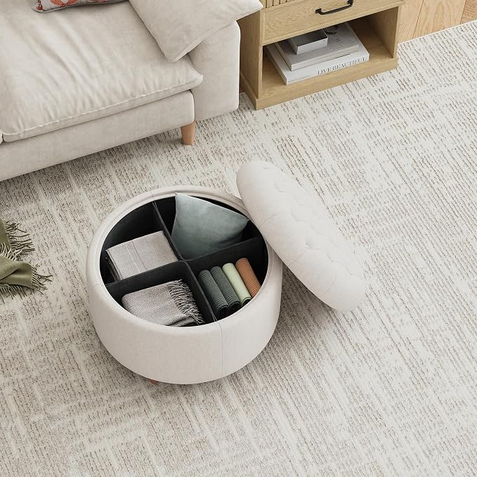 25Inch Round Ottoman with Storage, Tufted Fabric Modern Circle Ottoman with Reversible Tray Lid and Wood Legs, Multi-Functional Small Coffee Table for Living Room, Bedroom, Camel
