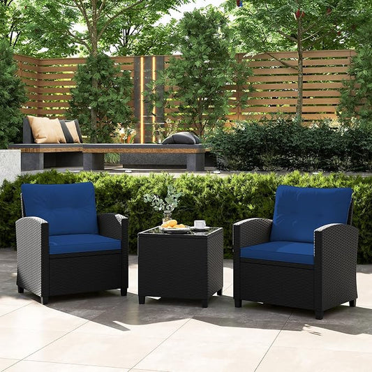 Tangkula 3 Piece Patio Furniture Set, Rattan Conversation Set w/Soft Seat & Back Cushions, Tempered Glass Topped Coffee Table, Cushioned Wicker Seating Set for Backyard, Porch, Poolside