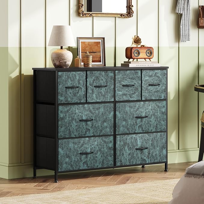 WLIVE Dresser for Bedroom with 8 Drawers, Wide Fabric Dresser for Storage and Organization, Bedroom Dressers, Chest of Drawers for Living Room, Closet, Hallway, Vintage Green