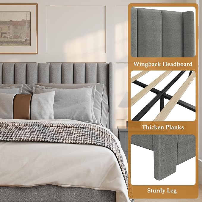 IDEALHOUSE Queen Bed Frame with Wingback Headboard, Velvet Upholstered Platform Bed with 2 Storage Drawers, Vertical Tufted Headboard Design, Wooden Slats Support, No Box Spring Needed, Grey