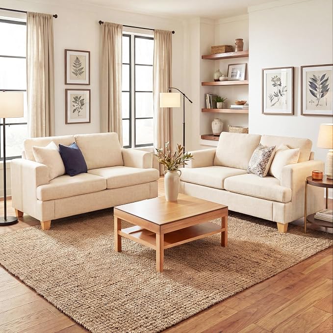 YOUDENOVA 2 Piece Set Comfy Sofa Couch, Loveseat Sofa * 2 with Deep Seats, Modern Sleeper Couch for Living Room, Beige Chenille