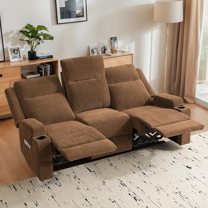 75'' Manual Reclining Sofa with Storage Drawer, 3 Seat Wall Hugger Recliner Couch with Cup Holders, Side Pockets, Chenille Fabric, Compact 3-Person Recliner for RV, Living Room, Apartment (Brown)
