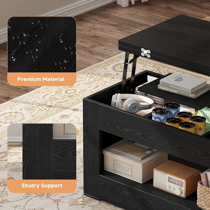 UNIQUITE 40" Lift Top Coffee Table, 4 in 1 Multi-Function Lift Coffee Tables with Storage and Hidden Compartment, Convertible Wood Coffee Tables to Dining Table for Living Room, Black