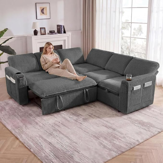 Sectional Sleeper Sofa with Pull Out Bed, Plush Corduroy 5 Seat Modular Sectional Sofa with Storage Chaise and Adjustable Backrest, Cloud Couches for Living Room, Apartment, Smoke Grey
