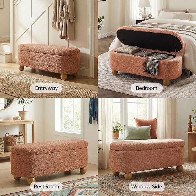VKNOW 44.8" Storage Ottoman Bench End of Bed Bench, Thickened Upholstered Blanket Chest for Living Room, Entryway Bench with Hinge and Cute Spherical Solid Wood Stool Legs for Bedroom, Orange