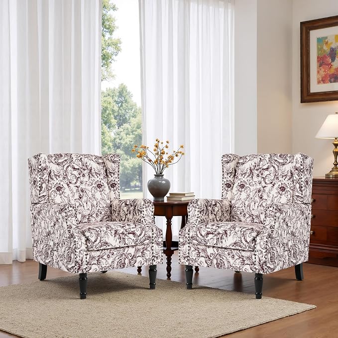 High Back Floral Accent Chair, Fabric Wingback Chair Upholstered Armchair for Living Room - Rococo Plum