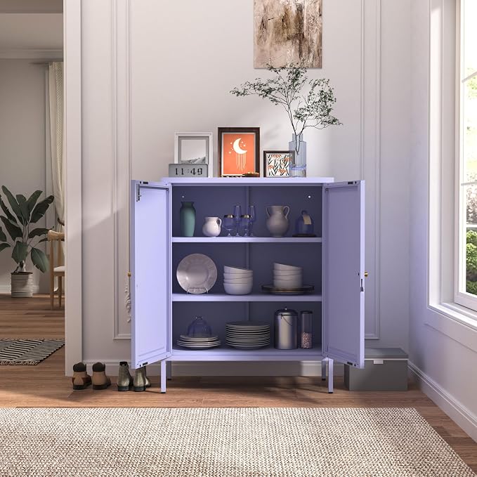 Accent Cabinet Locker, Square Storage Cabinet 36 Inch High, Freestanding Metal Storage Cabinet with 2 Doors and 2 Adjustable Shelves, Multifunctional Cabinet for Home, Hallway and Office Purple
